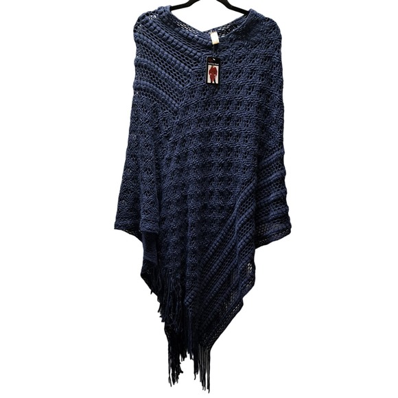 WinWin Blue Acrylic Boho Cottagecore Crochet pull over fringe Cape Shawl OS - Picture 1 of 6